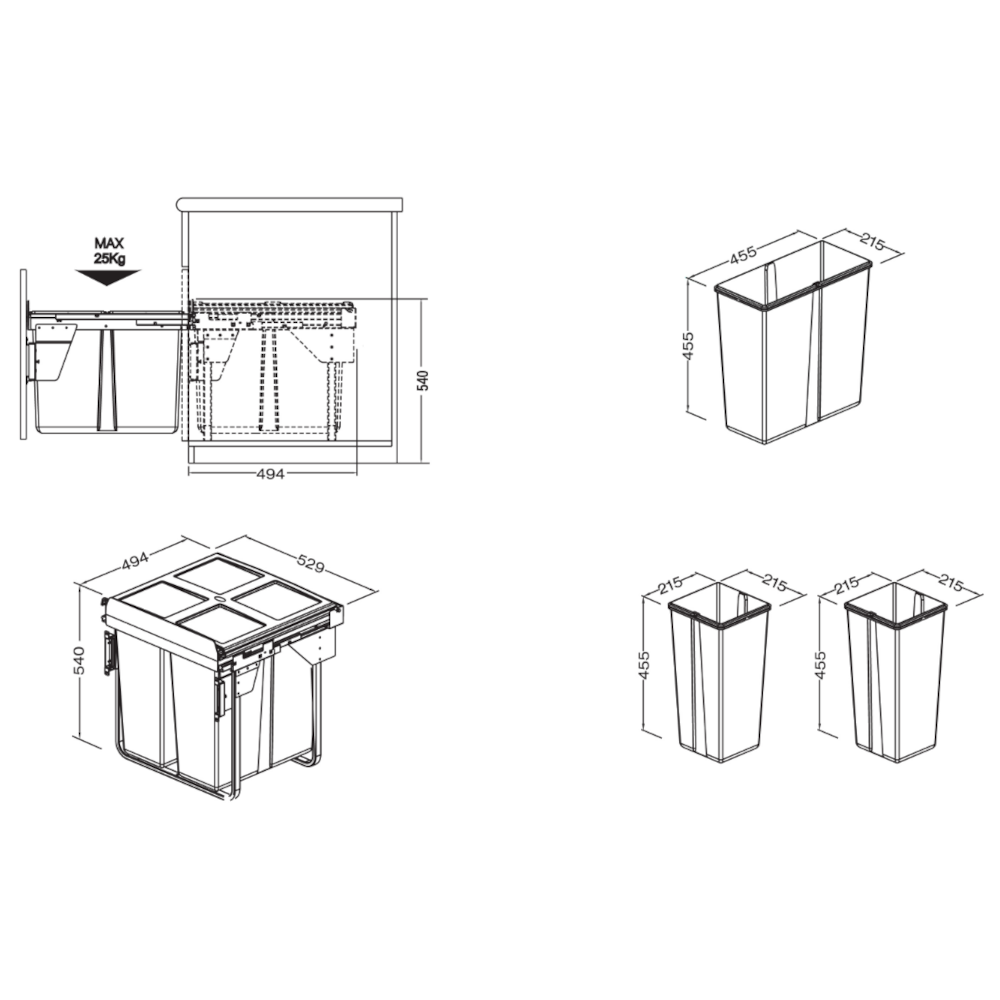 Waste Bin, Under Counter, 68 Litre (1x34L + 2x17L), To Suit 600mm Cabinet, Base Mounted