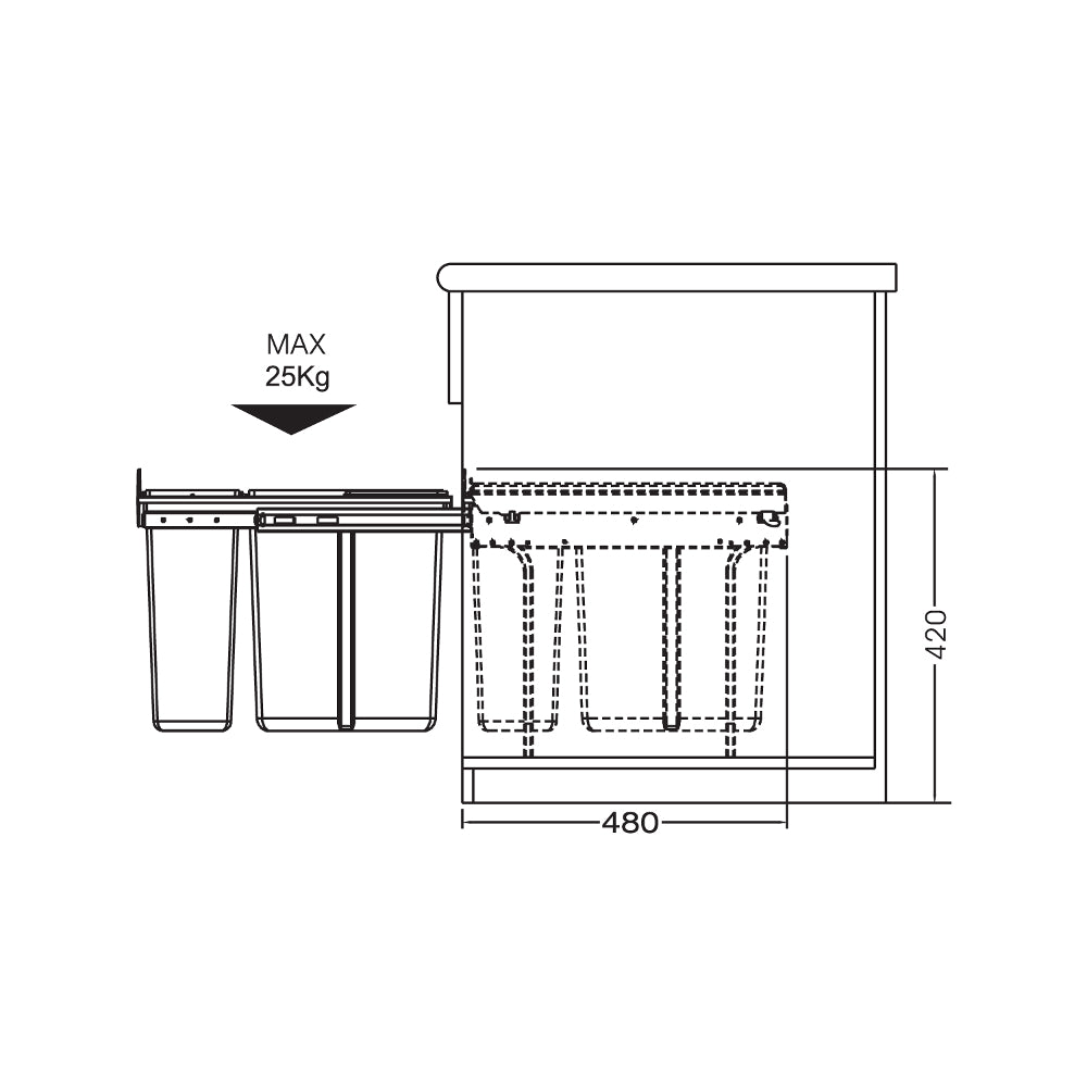 Waste Bin, Under Counter, 40 Litre (1x20L + 2x10L), To Suit 400mm Cabinet, Base Mounted