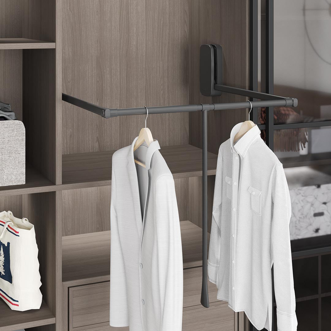 Pull-Down Wardrobe Rail, 600-850mm Width, Soft Closing, 15kg Capacity, 2 Colour Options