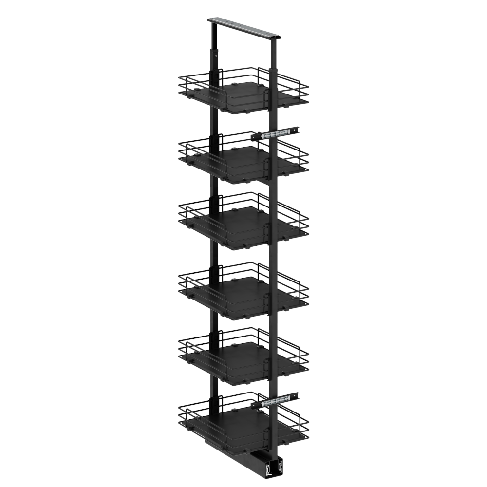 1850-2000mm Telescopic Larder, 6x Solid Base Baskets, Soft Closing, To Suit 300mm Cabinet, 2 Colours Available